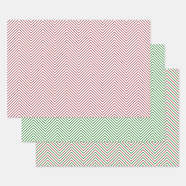 Dark Red, Green and White Chevron Line Wrapping Paper Sheet (Set)