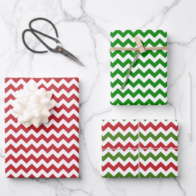 Dark Red, Green and White Chevron Wrapping Paper Sheet (Front)