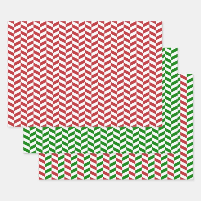 Dark Red, Green and White Herringbone Paper Sheets (Set)