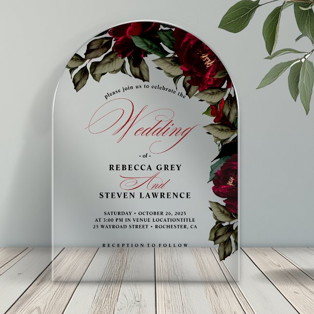 Dark red green floral moody gothic wedding arch acrylic invitations (Creator Uploaded)