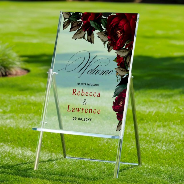 Dark red green floral moody gothic wedding welcome acrylic sign (Creator Uploaded)