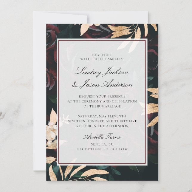 Dark Red & Green Gold Moody Elegant Floral Wedding Invitation (Front)