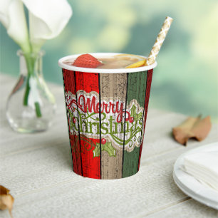 Dark Red Green Weathered Wooden Planks Pattern Paper Cups