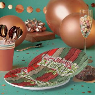 Dark Red Green Weathered Wooden Planks Pattern Paper Plate