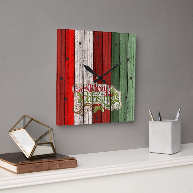Dark Red Green Weathered Wooden Planks Pattern Square Wall Clock (Office)