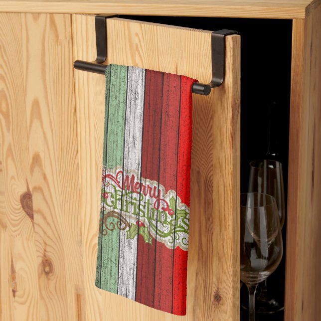 Dark Red Green Weathered Wooden Planks Pattern Tea Towel (Thirds Fold)