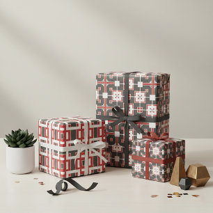 Dark Red Grey and White Mosaic Geometric Patterns Wrapping Paper Sheet