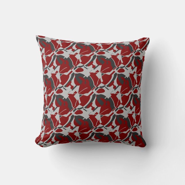 Dark Red Grey Black Swirling Contemporary Print Cushion (Front)