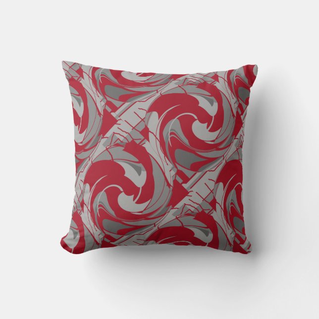 Dark Red Grey Charcoal Diagonal Swirling Abstract Cushion (Front)