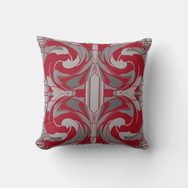 Dark Red Grey Charcoal Ornate Swirling Large Tiles Cushion (Front)