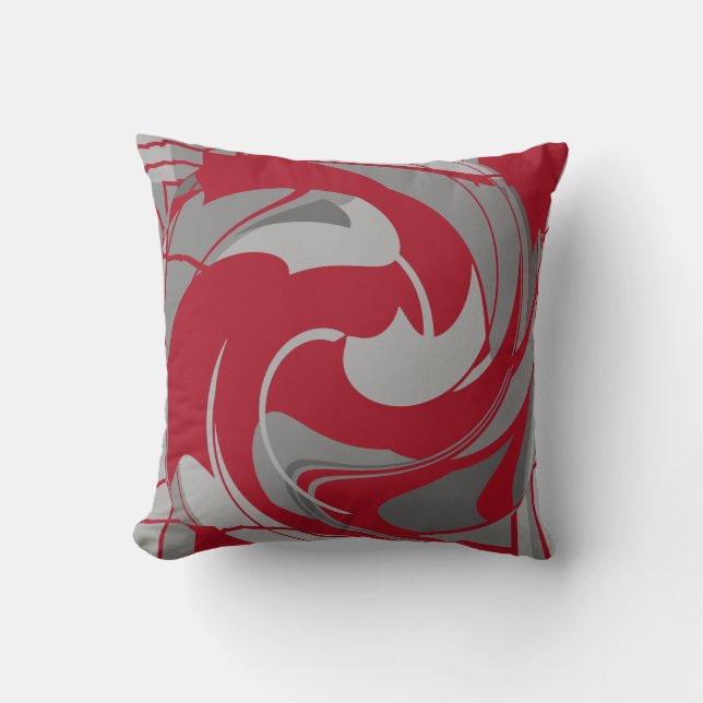 Dark Red Grey Charcoal Swirling Abstract Flower Cushion (Front)