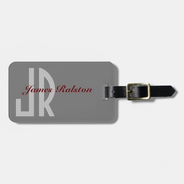 Dark Red & Grey Monogram, Personalise Luggage Tag (Front Horizontal)