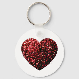 Dark red heart faux glitter sparkles key ring
