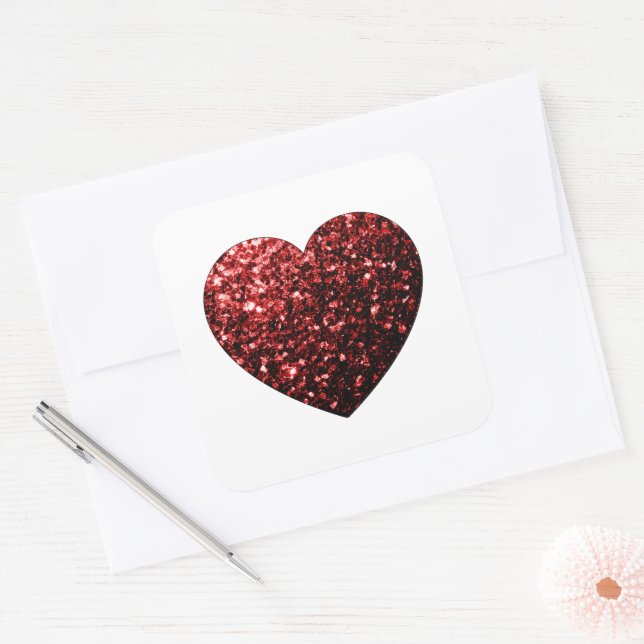 Dark red heart faux glitter sparkles square sticker (Envelope)
