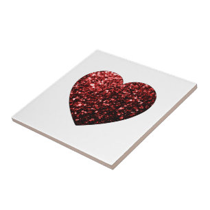 Dark red heart faux glitter sparkles tile