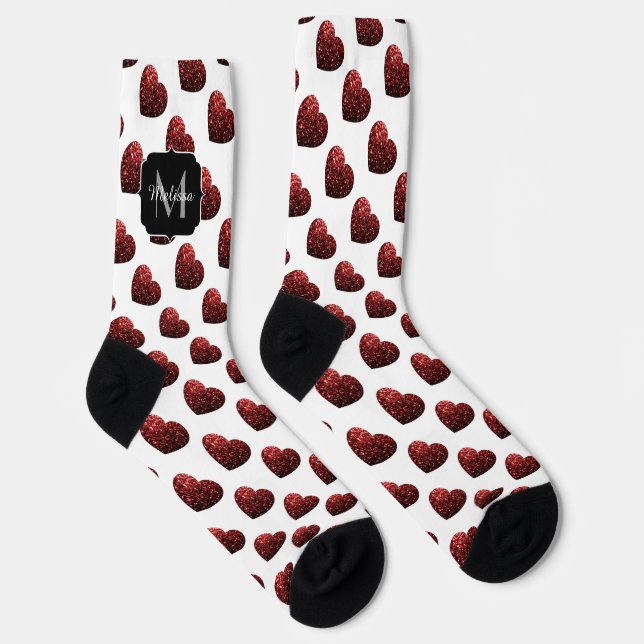 Dark red heart glitter sparkles pattern Monogram Socks (Right)