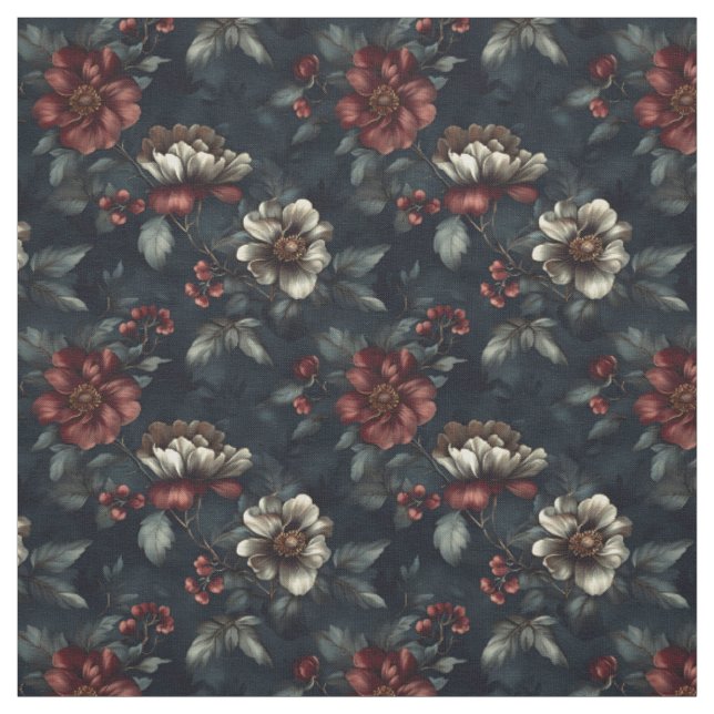 Dark Red & Ivory Flowers Fabric (Swatch)