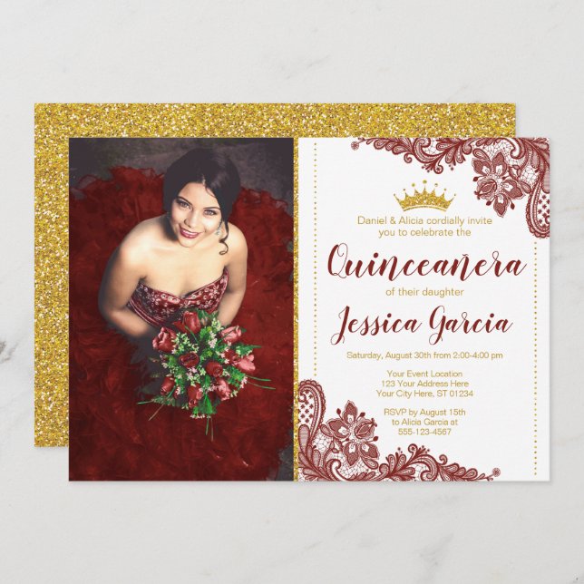 Dark Red Lace & Glitter Gold Princess Quinceañera Invitation (Front/Back)