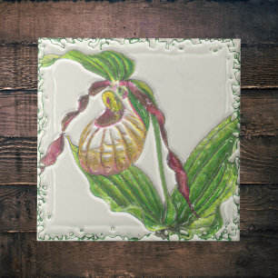 Dark Red Lady Slipper Orchid Botanical Side View Ceramic Tile