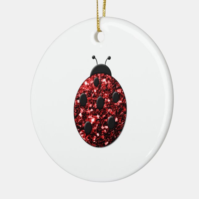 Dark red ladybug faux glitter sparkles ceramic ornament (Left)