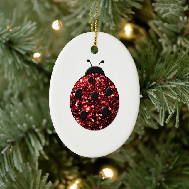 Dark red ladybug faux glitter sparkles ceramic tree decoration (Tree)