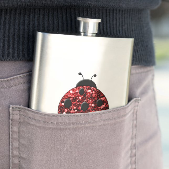 Dark red ladybug faux glitter sparkles hip flask (In Situ)