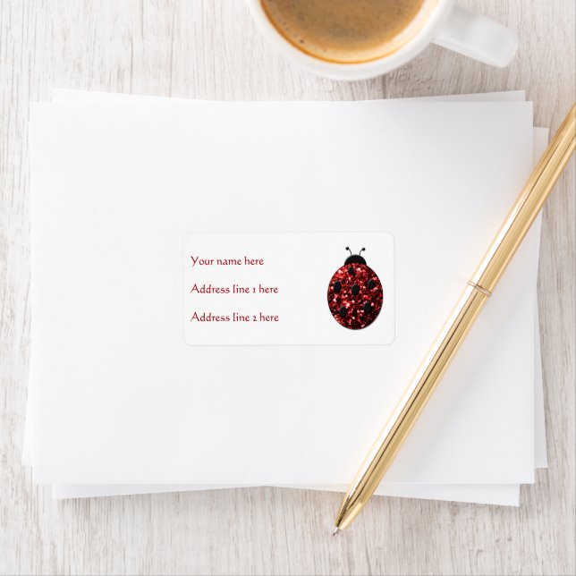 Dark red ladybug faux glitter sparkles label (Insitu)