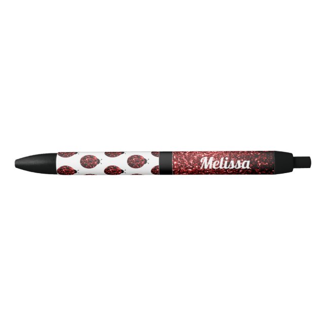 Dark red ladybug faux glitter sparkles Monogram Black Ink Pen (Front)