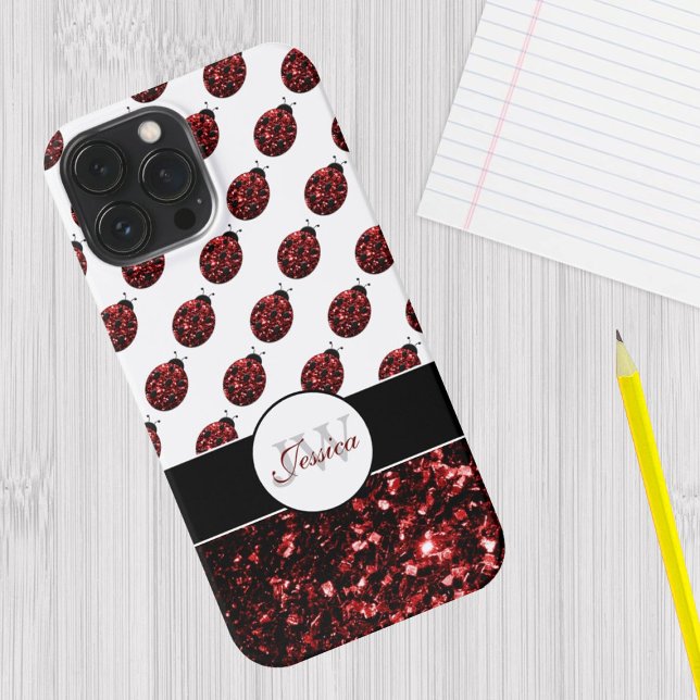 Dark red ladybug faux glitter sparkles Monogram Case-Mate iPhone Case (Creator Uploaded)