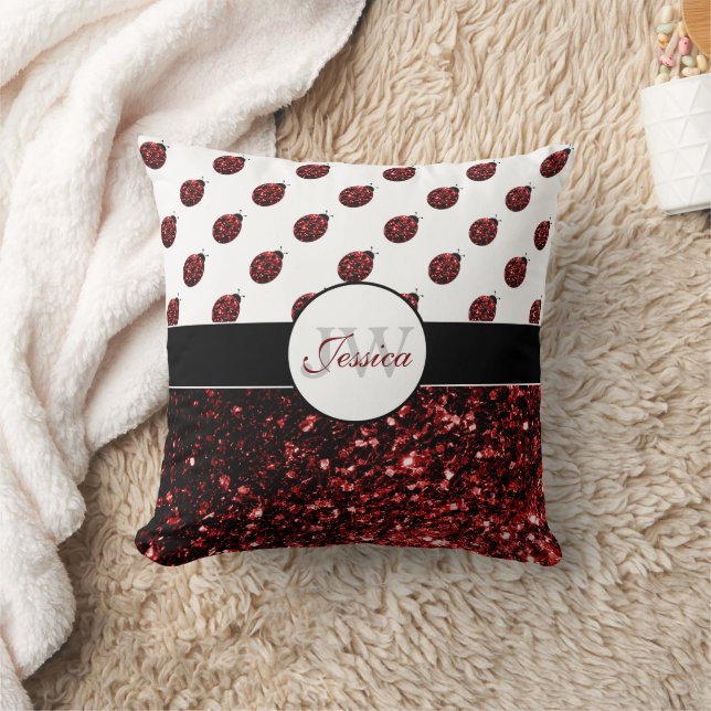 Dark red ladybug faux glitter sparkles Monogram Cushion (Blanket)