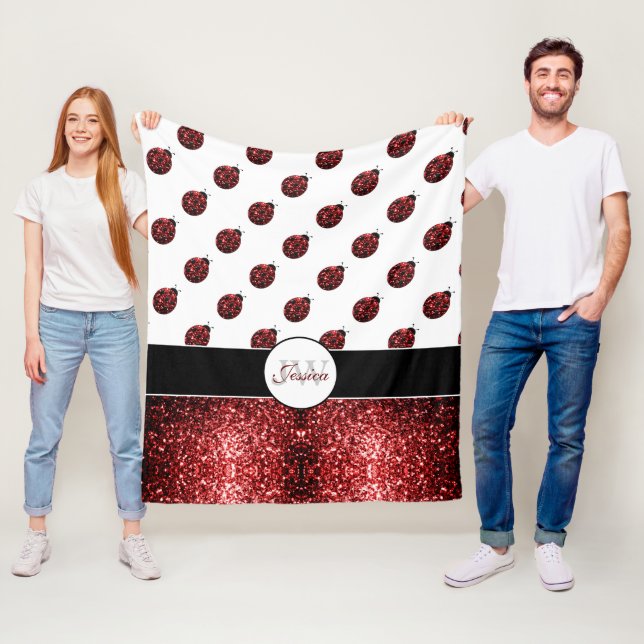 Dark red ladybug faux glitter sparkles Monogram Fleece Blanket (In Situ)