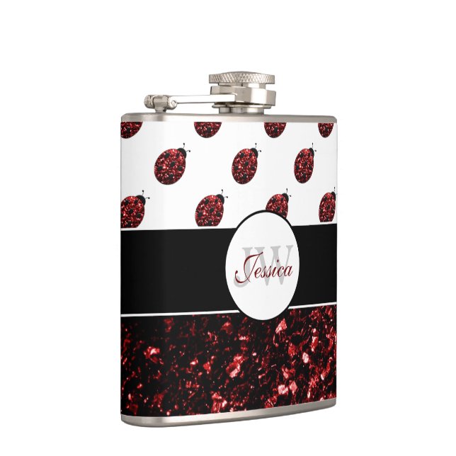 Dark red ladybug faux glitter sparkles Monogram Hip Flask (Right)