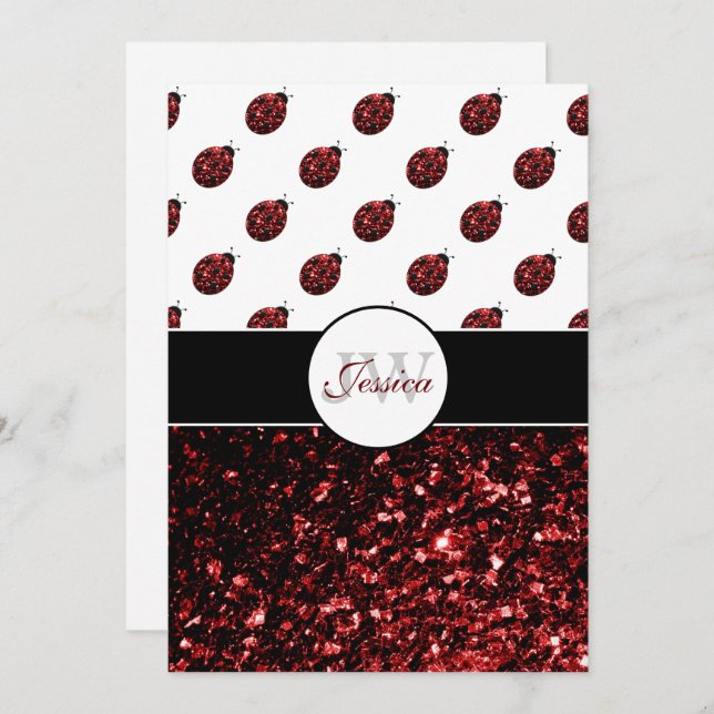 Dark red ladybug faux glitter sparkles Monogram Invitation (Front/Back)