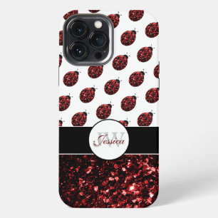 Dark red ladybug faux glitter sparkles Monogram iPhone Case