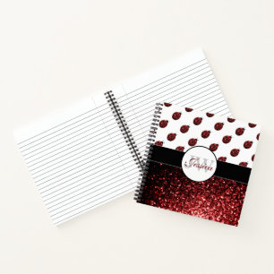 Dark red ladybug faux glitter sparkles Monogram Notebook