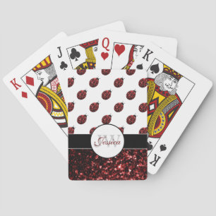 Dark red ladybug faux glitter sparkles Monogram Playing Cards