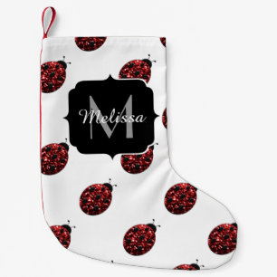 Dark red ladybug faux glitter sparkles Monogram Small Christmas Stocking