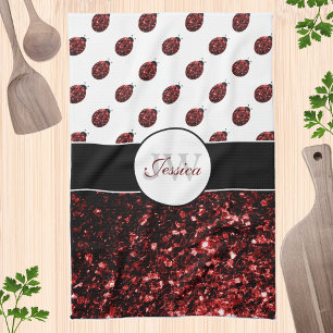 Dark red ladybug faux glitter sparkles Monogram Tea Towel