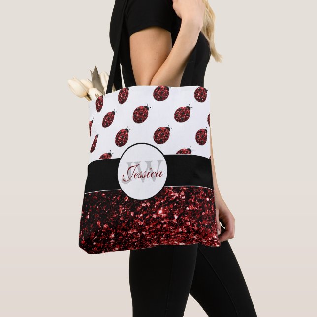 Dark red ladybug faux glitter sparkles Monogram Tote Bag (Close Up)