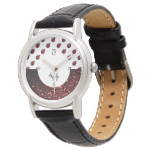 Dark red ladybug faux glitter sparkles Monogram Watch