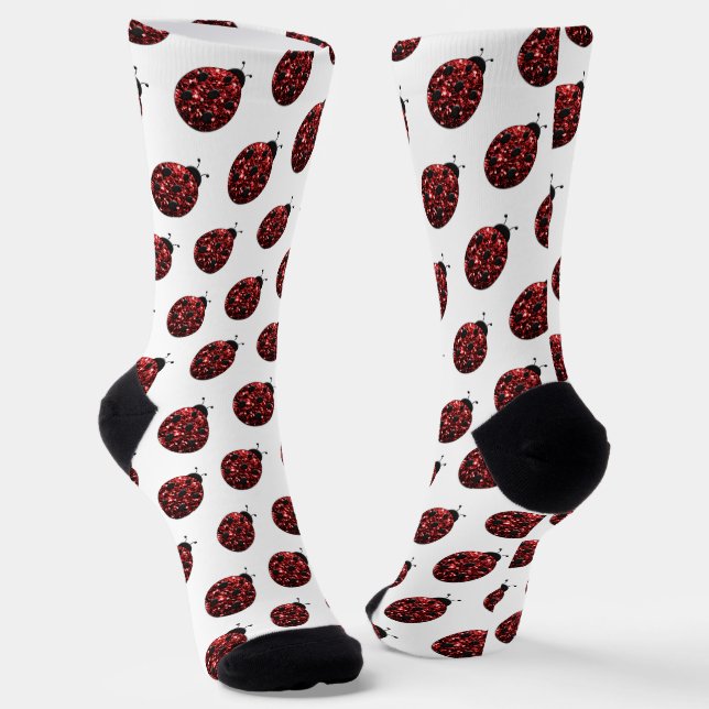 Dark red ladybug faux glitter sparkles pattern socks (Angled)
