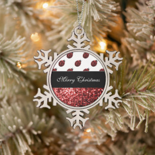 Dark red ladybug faux glitter sparkles Personalise Snowflake Pewter Christmas Ornament
