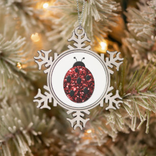 Dark red ladybug faux glitter sparkles snowflake pewter christmas ornament