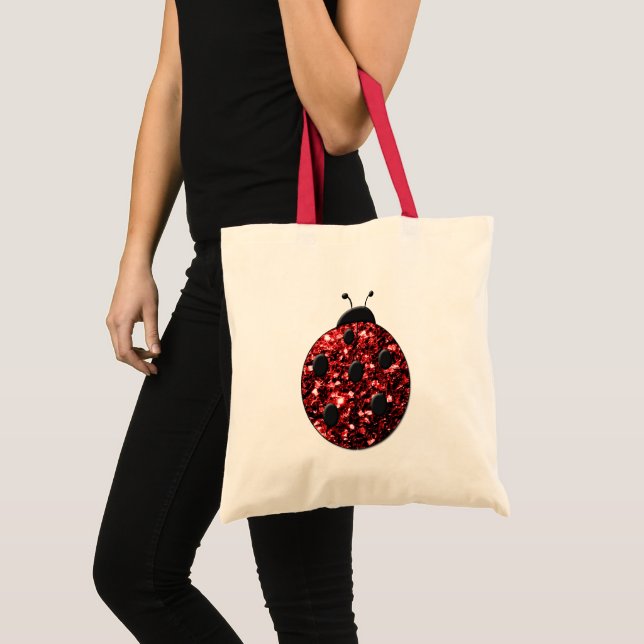 Dark red ladybug faux glitter sparkles tote bag (Front (Product))
