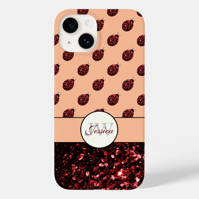 Dark red ladybug glitter sparkles peach Monogram Case-Mate iPhone Case (Back)