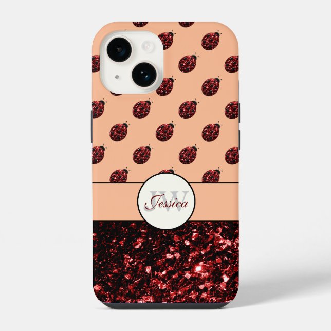 Dark red ladybug glitter sparkles peach Monogram iPhone Case (Back)