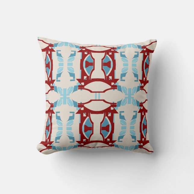 Dark Red Light Blue on Beige Large Tiles Cushion (Front)