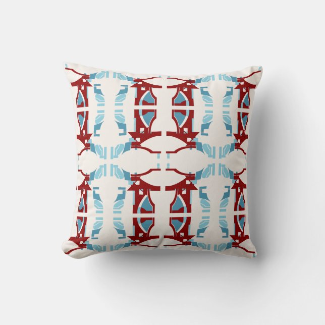 Dark Red Light Blue on Off-white Large Tiles Cushion (Front)