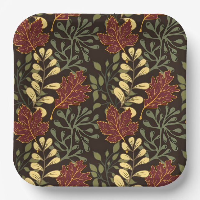 Dark red maple leaves floral pattern paper plate (Front)