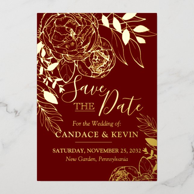 Dark Red Maroon & Gold Modern Floral Save the Date (Front)